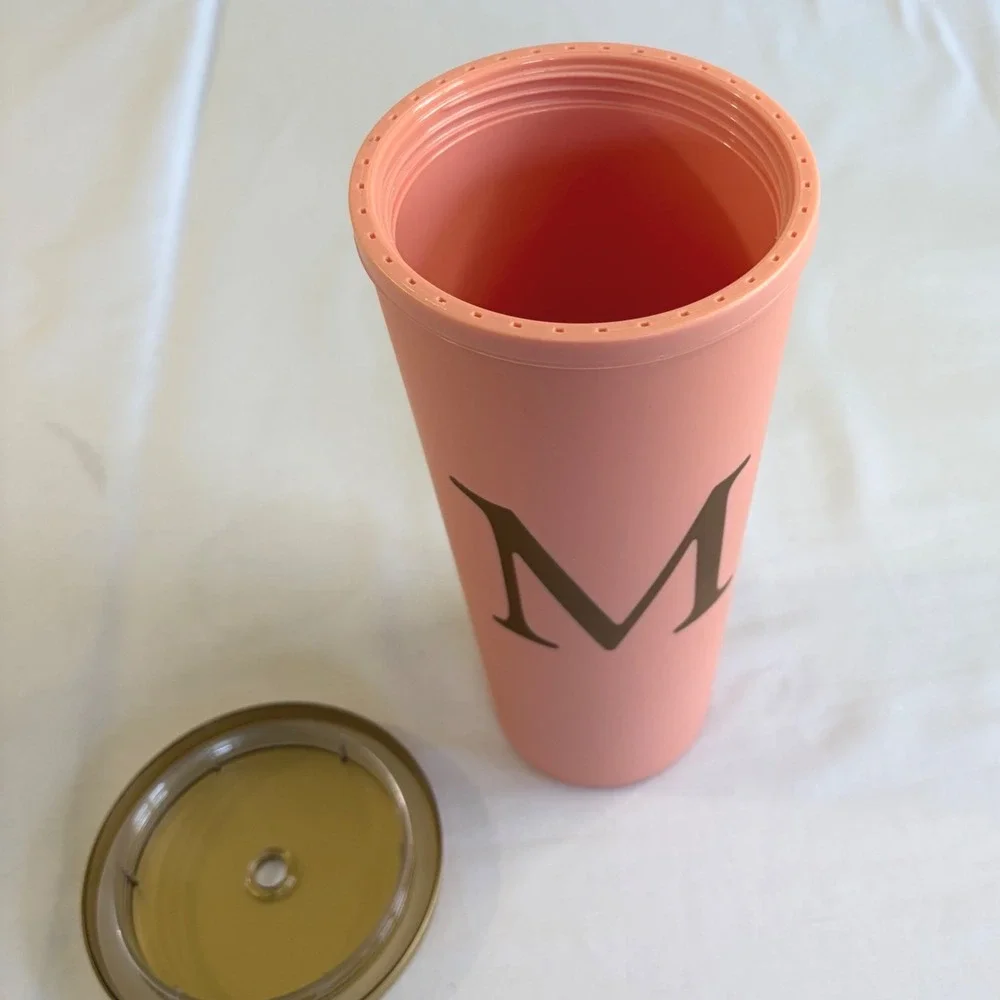 Monogram Letter M Tumbler Matte Peach Pink Gold Lid Insulated Travel Cup 20oz‎